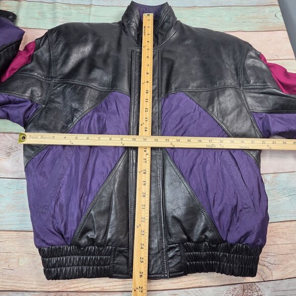 Vintage Saxony Leather & Nylon Bomber Colorblock Jacket Men's Medium - Picture 6 of 8